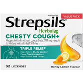 Strepsils Herbal Chesty Cough+ Triple Relief Lozenges Honey Lemon 32 Pack
